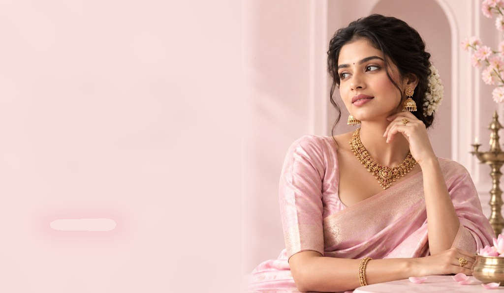 Elegant gold jewellery campaign with traditional necklace and jhumka earrings